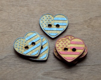 USA heart buttons 1" size - Made from Birch Plywood - wood buttons, buttons for cup cozies, buttons for knits, buttons for crochet