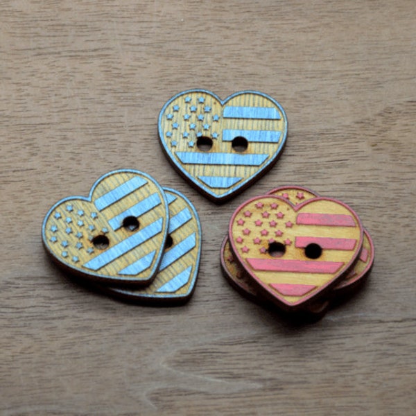 USA heart buttons 1" size - Made from Birch Plywood - wood buttons, buttons for cup cozies, buttons for knits, buttons for crochet