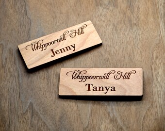 Wooden Name Tags - Laser engraved , with magnetic holder