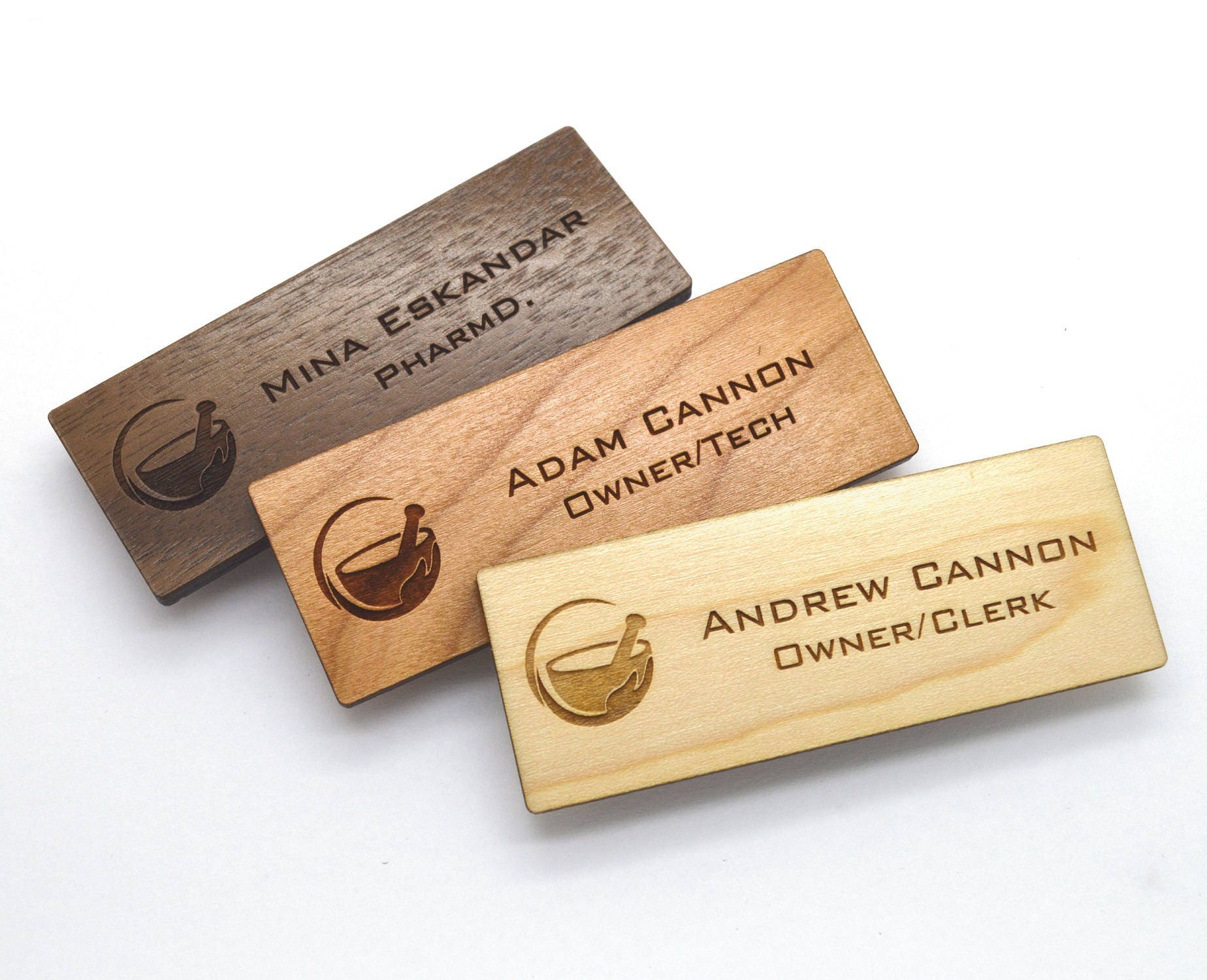Wooden Name Tags Laser Engraved , With Magnetic Holder 
