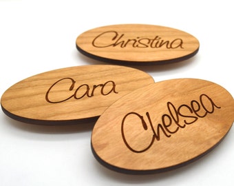 Oval Wooden Name Tags - Laser engraved , with magnetic holder