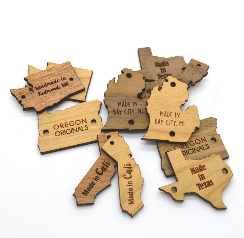 25 Wooden Custom Product Tags US States shapes laser cut and engraved image 1