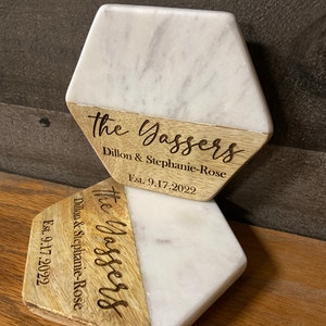 Laser Engraved Wood and Stone Coasters, Hexagon Coasters, Personalized Coasters, Housewarming Gift, Wedding Gift