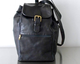 Vintage Coach Black Leather Backpack, XXL Unisex Rucksack, Refurbished Coach Backpack, American Made Carry On Bag