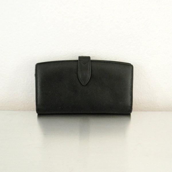 vintage Black Leather Coach Madison Checkbook Clutch, Portefeuille bifold en cuir italien texturé des années 1990 remis à neuf, portefeuille en édition limitée