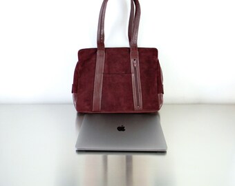 Vintage Meyers Suede en Leather Burgundy Laptoptas, Unisex American Made Vintage Organizer Schoudertas, Wijnkleurige Suede Carry On Bag