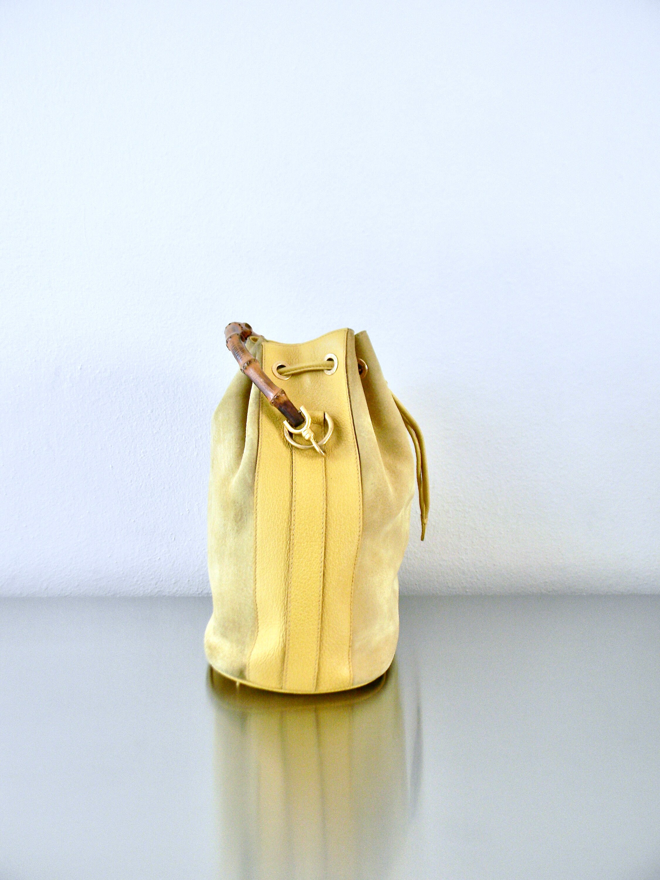 Vintage Gucci Yellow Suede Bamboo Drawstring Bucket Bag, 90s  display picture 3