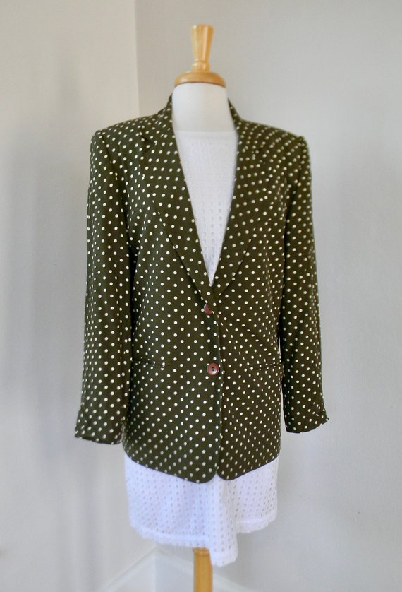 Vintage Ann Taylor Olive Green and Cream Polka Do… - image 1
