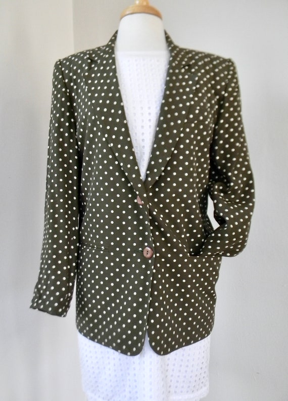 Vintage Ann Taylor Olive Green and Cream Polka Do… - image 2