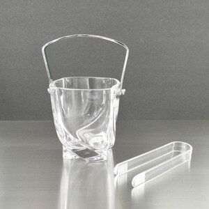 Vintage Cofrac Clear Glass Ice Bucket with Lucite Tongs, French Art Glass Small Fluid Square Base Ice Bucket, Petite Handled Crystal Bucket
