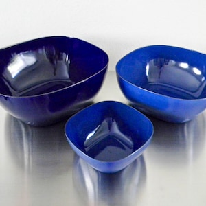 Vintage Deep Blue Square Cathrineholm Enamel Bowl Nesting Set, 3 Mid Century Scandinavian Enamel Serveware, Set of 3 MCM Square Bowl