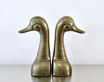 Vintage 70s Pair of Weighted Brass Mallard Figural Bookends, Large Retro Brass Duck Bookends, Boho Decor, Hollywood Regency, Library Art
