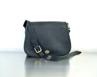 Refurbished 80s Vintage Coach Dark Navy Leather Ranch Bag, Authentic Coach Purse, Large Rare Navy Blue American Made Crossbody Coach Bag