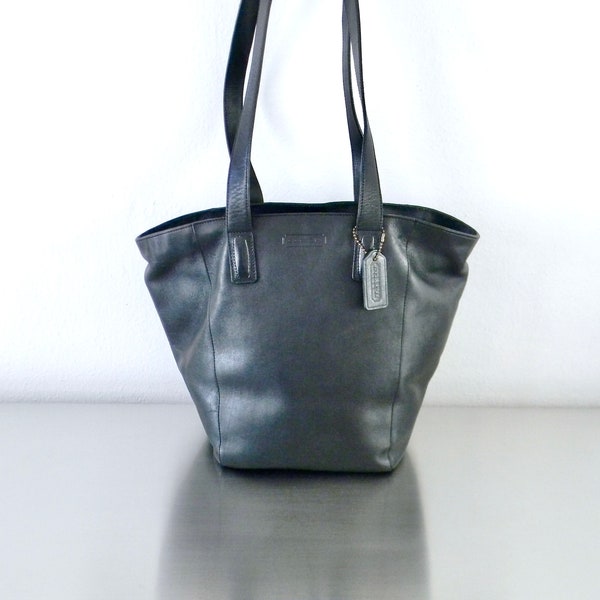 Vintage Coach Black Leather Manhattan Tote, Retro French Calfskin Medium Sized Shoulder Bag, Italian Made Coach iPad Bag, Minimalist Luxe