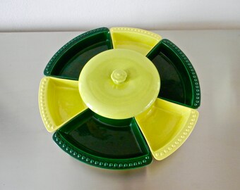 Wm. Frazier California Vintage Mid Century Lazy Susan Entertaining Set, Vintage Party Platter Set, Lime and Emerald Green American Pottery