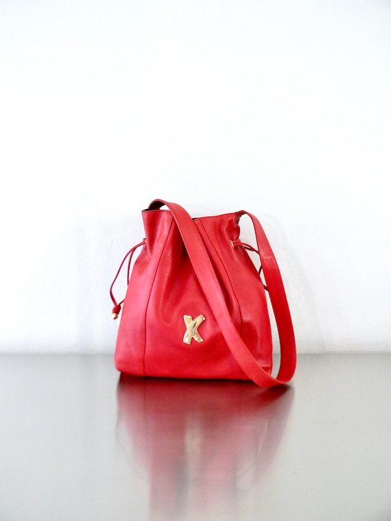 Vintage Paloma Picasso Red Leather Drawstring Duff