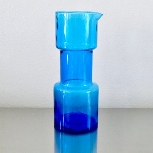 Vintage Mid Century Brilliant Blue Danish Glass Pitcher, Barbell Shaped Turquoise Cocktail Pitcher, Modernist Blue Cylindrical Art Glass