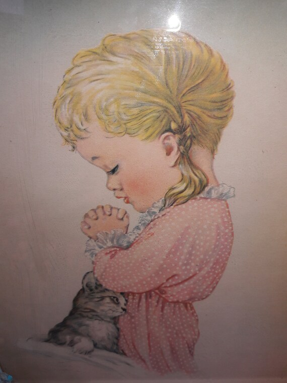 Vintage 50s Picture Of Little Girl Praying With Kitten Glass Etsy