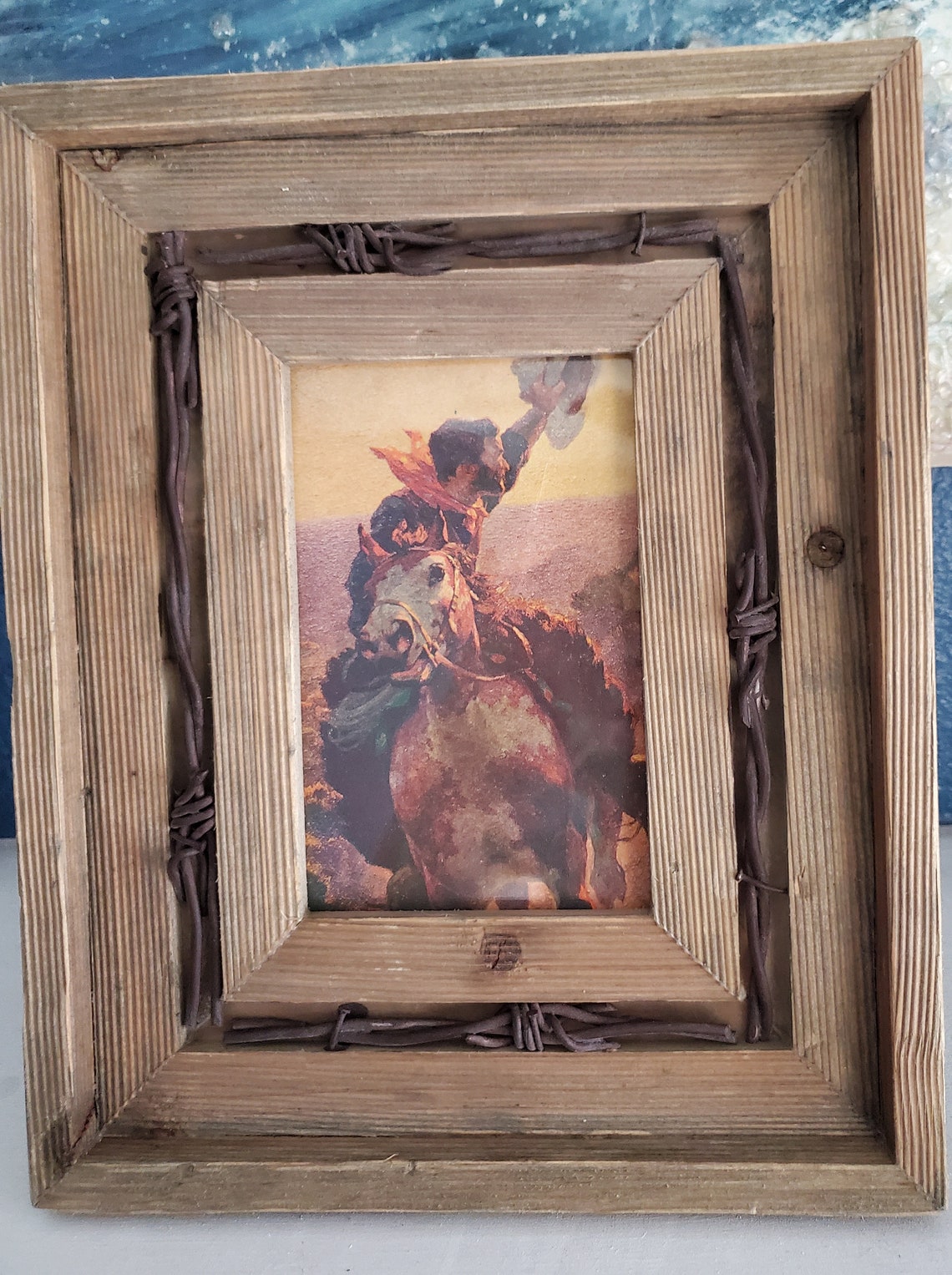 Rustic wood picture frame. Cowboy with horse print. Etsy
