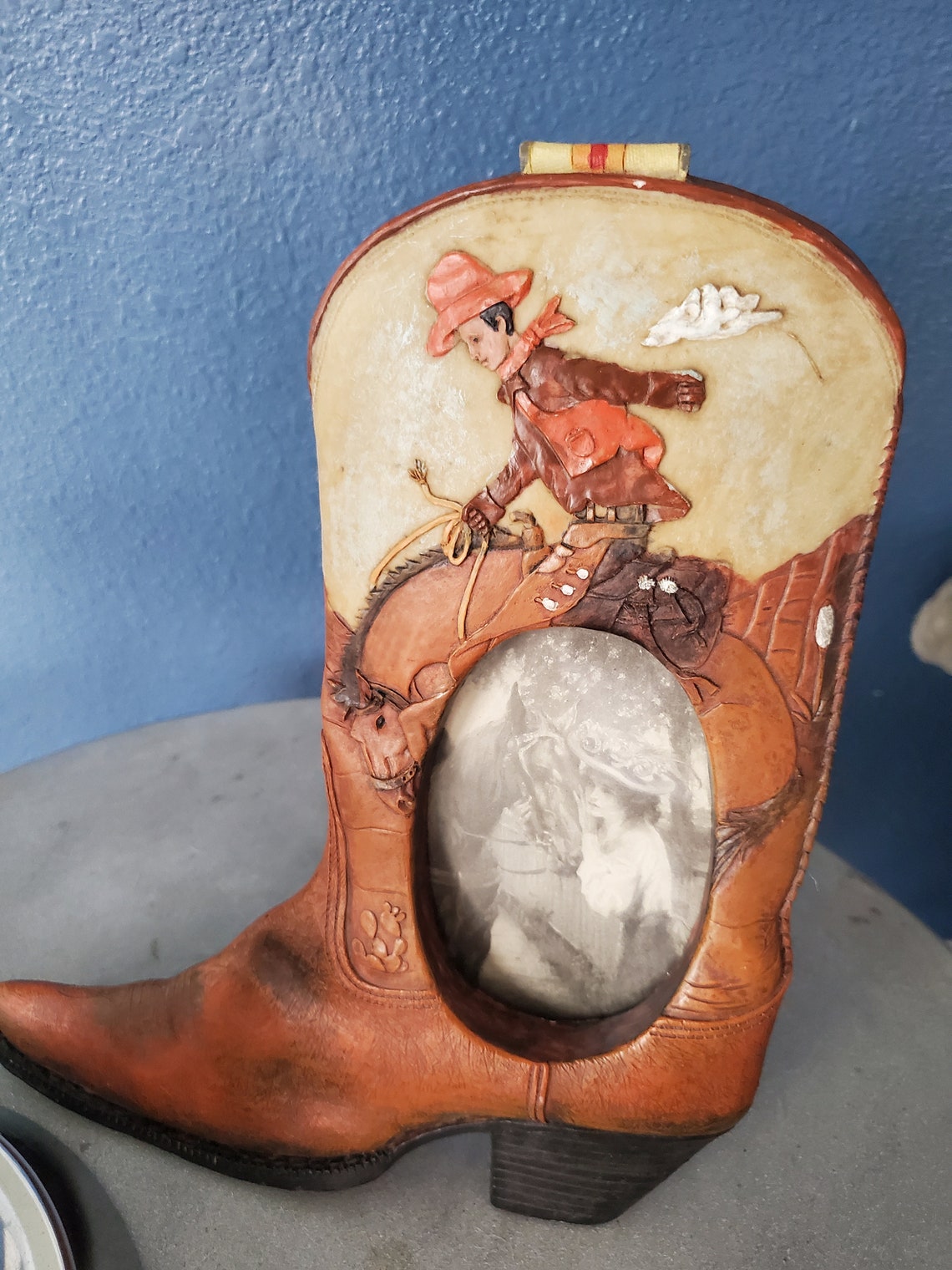 Cowboy boot picture frame. Cowboy on horse. Etsy