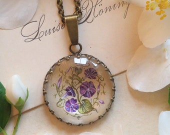 Hand-painted necklace with purple bells, female birthday gift, flower lover gift, unique  gift for gardener, christmas handmade jewelry