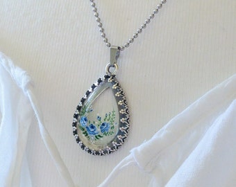 Painting glass necklace with blue roses, handmade jewelry, anniversary gift
