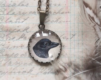 Hand paint necklace with Raven, jewelry with black bird, miniature painting, birds lover gift, cottagecore outfit, gift for nature lover