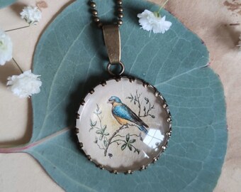 Necklace with bird from the old drawing, handpainted gift for mother, natural jewelry