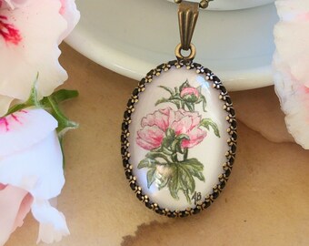 Hand painted necklace with Peonies, flowers jewelry, birthday gifts for her