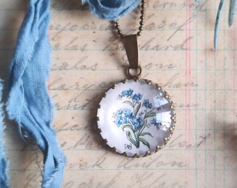 Hand painted necklace with forget-me-not, watercolor miniature painting, gift for flower lover, gardener tiny present, inspired by nature