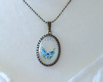 Delicate glass necklace with blue roses, hand-painted glass, miniature painting with flowers, original glass jewelry, unique gift for women