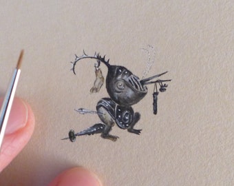 Bosch Hieronim, Miniatur Illustration mit Fabelwesen, Aquarell Originale Zeichnung, Geschenk für Freunde, Geschenk für Kunstliebhaber