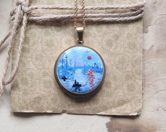 Collana in porcellana dipinta a mano con Impression Sunrise Claude Monet, miglior regalo per gli amanti delle belle arti, artisti famosi, gioielli in ceramica fatti a mano