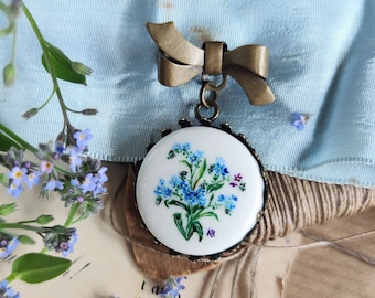 Porcelain hand painted brooch with Forget-me-not, flowers handmade jewelry, exclusive ceramic jewelry, gift for flower lover, cottagecore