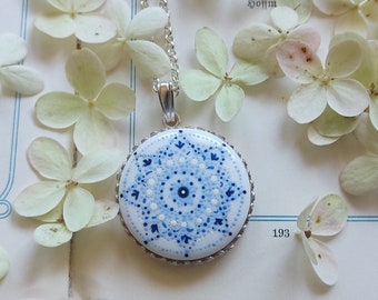 Porcelain hand-painted necklace with Mandala, boho summer jewelry, miniature cabochon porcelain, gift for bohemian lover, birthday tiny gift