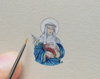 peinture miniature avec sainte Catherine de Sienne, décoration murale portrait de sainte catholique, cadeau de baptême, cadeaux personnalisés pour confirmation