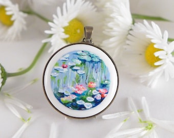 Porcelain necklace with Claude Monet, water lilies ceramic pendant, Impressionism art, nice gift from aunt