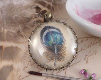 Hand painted necklace with feather, handmade jewelry, unique gift for birds lover, gift for romantic, boho lover gift, watercolor painting