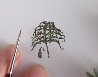 Pintura original en miniatura con helecho estrella azul, plantas Phlebodium, inspirada en la naturaleza, regalo hecho a mano
