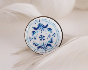 Azulejo, hand-painted porcelain ring, Portuguese tiles, hand made present, summer jewelry gift for girl, with and blue ceramic pendant