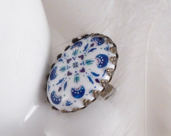 Azulejo, porcelaine peinte à la main, carreaux portugais, bague peinte à la main, bague azulejo, porcelaine peinte à la main, miniature peinte, bague peinte