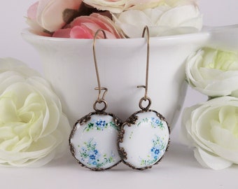 Boucles d'oreilles en porcelaine avec fleurs bleues, boucles d'oreilles peintes à la main, originales en porcelaine japonaise, cadeau pour les amoureux des fleurs, bijoux de titre portugais