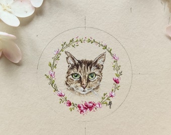 Portrait de mini chat personnalisé, illustration peinte à la main avec votre animal préféré, portrait de chat personnalisé, cadeaux pour les amoureux des animaux