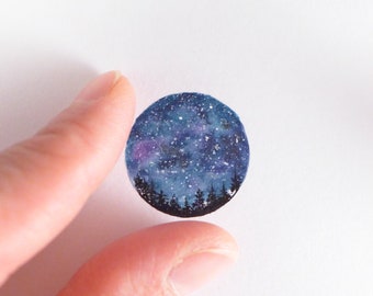 Hand painting miniature with starry night in the forest, miniature painting stars sky, unique gift for nature lover, inspired by nature