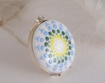 Porcelain necklace with Mandala, hand painted porcelain pendant, rainbown necklace, spititual jewelry, summer gift for friends, boho style