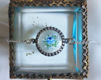 Dainty glass bracelet with blue rose, hand-painted glass cabochon, sweet sixteen gift
