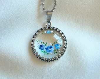 Delicate glass necklace with blue roses, hand-painted glass, gift for mom, gardener gift, flower power present, summer jewelry minimalist