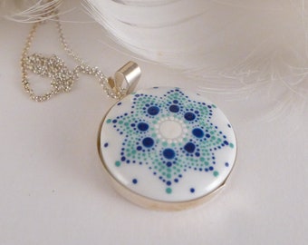 Porcelain painting necklace with Mandala, handmade bohemian jewelry, ceramic pendant blue and white, best wife gift, bridesmaid gift