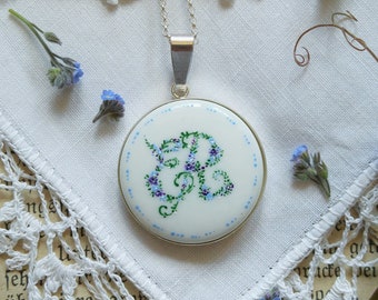 Monogram flowers porcelain necklace, initial letters unique charms, hand-painted porcelain, personalized gift for your favorite women