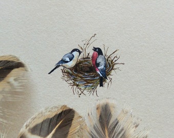 Vintage Birds Nest illustration, Original miniature painting, gift for bird lover